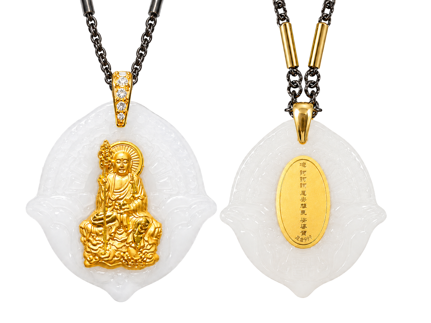 White Jade Liuli Ksitigarbha Golden Buddha Pendant